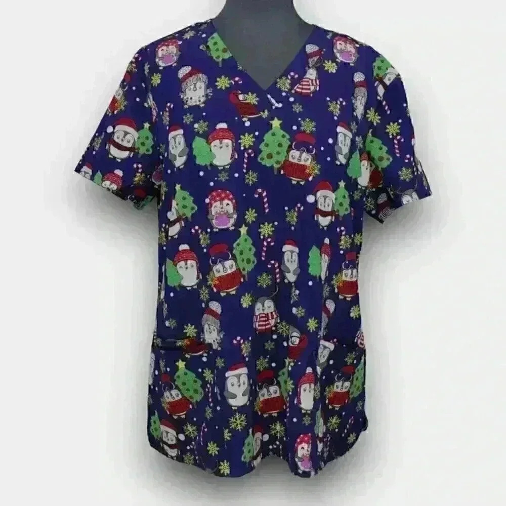 Zinnia Women’s V-Neck Scrub Top L Blue Christmas Penguin Print Patch Pockets